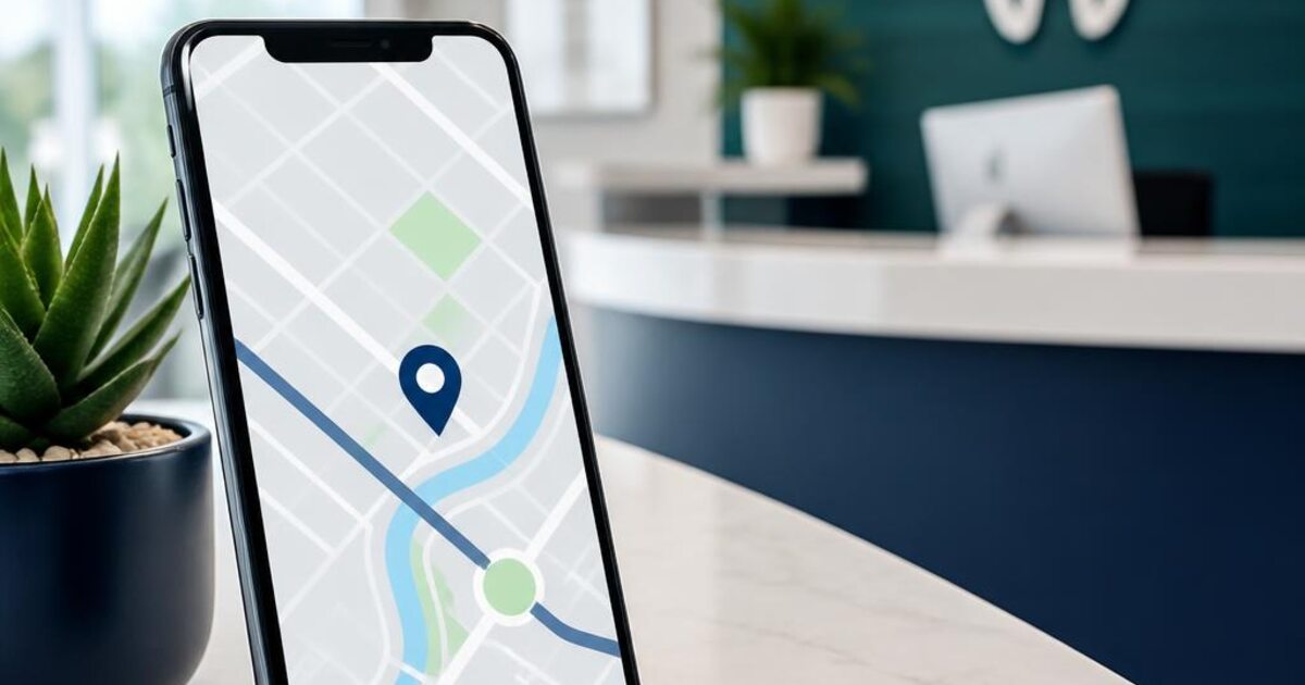 Smartphone showing a map location inside a modern dental office.