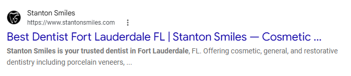 Dental SEO Google result showing Stanton Smiles on the first page for Fort Lauderdale dentist