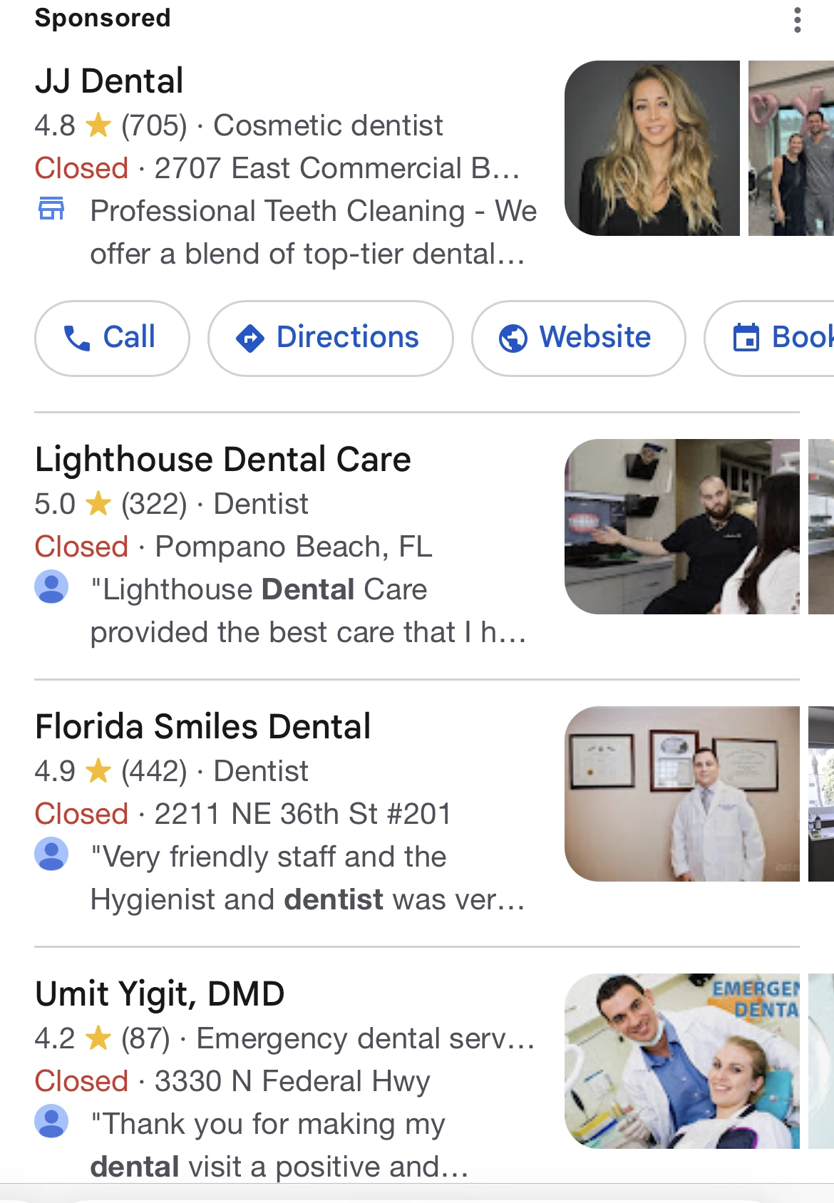 Google Maps results for “lighthouse point dentist”: sponsored JJ Dental, followed by Lighthouse Dental Care in the first organic position, then Florida Smiles Dental and Umit Yigit, DMD.