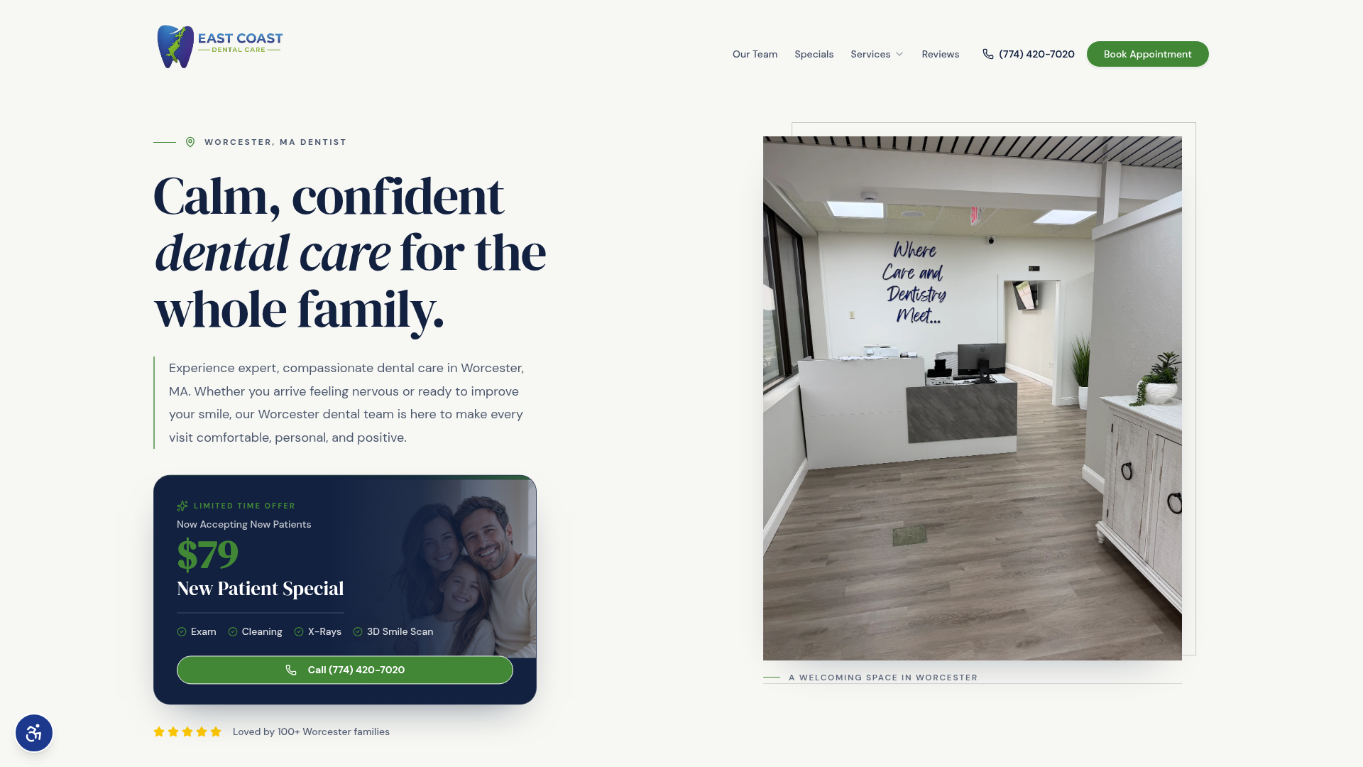 Same day website design service portfolio example: East Coast Dental Care homepage with clear messaging and appointment call to action